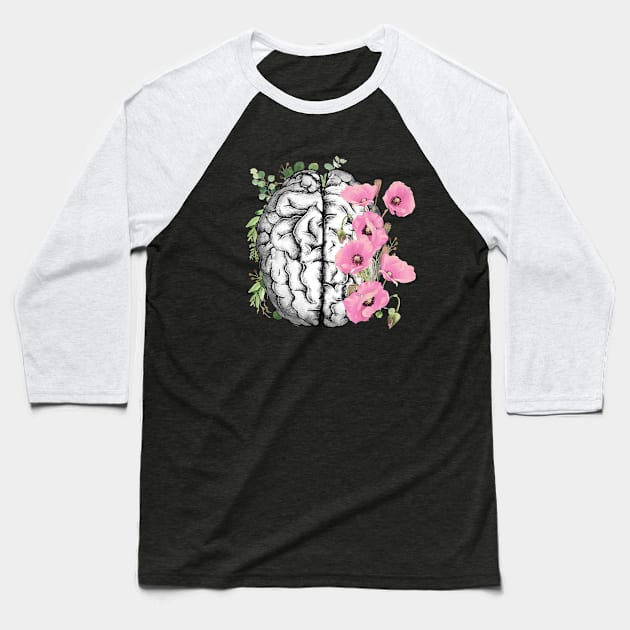 Brain with Pink poppy, psychology, mental health, front brain, watercolor Baseball T-Shirt by Collagedream